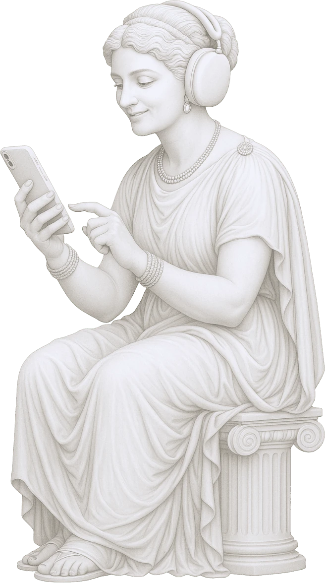 Estatua romana sentada usando un smartphone y auriculares
